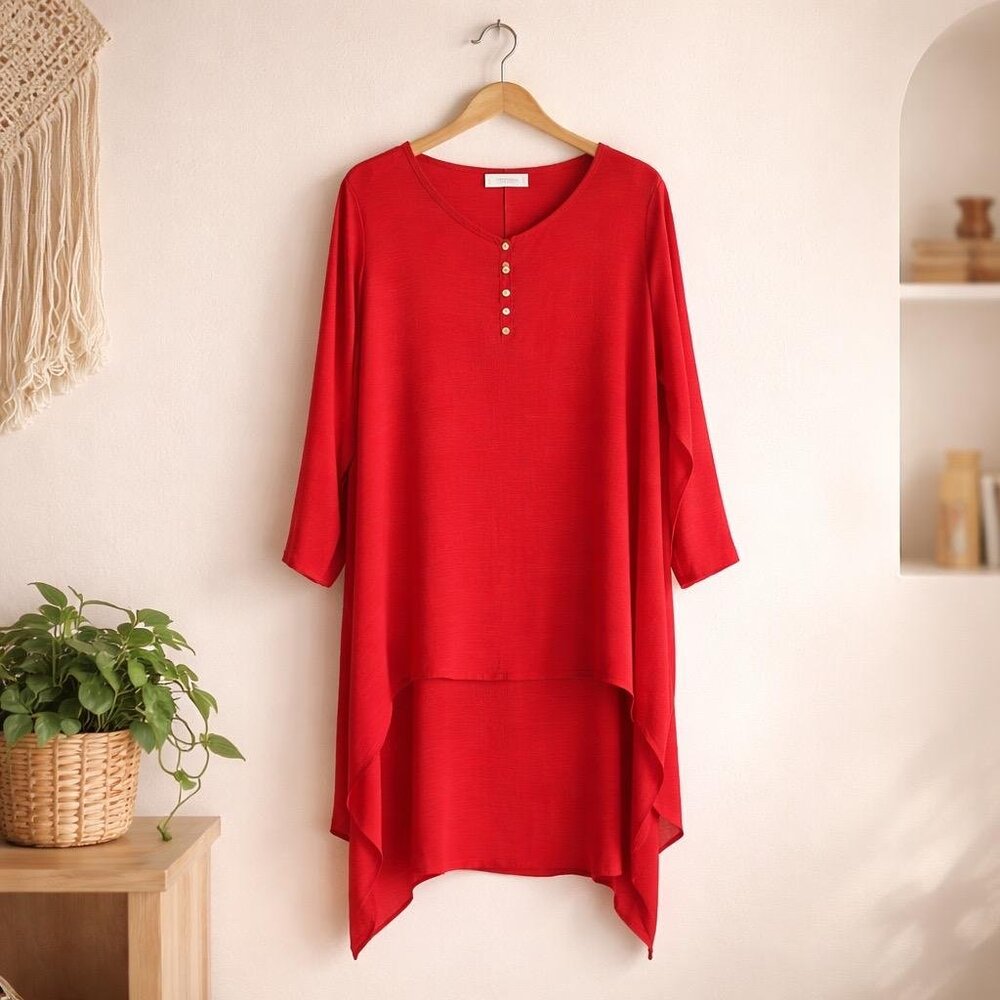 "Dayou Red Asymmetrical Tunic Dress Wooden Buttons Flowy Size 5XL/3XL"